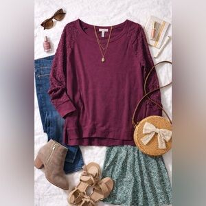 Purple/Burgundy Sheer Lace Sleeve Top Aeropostale